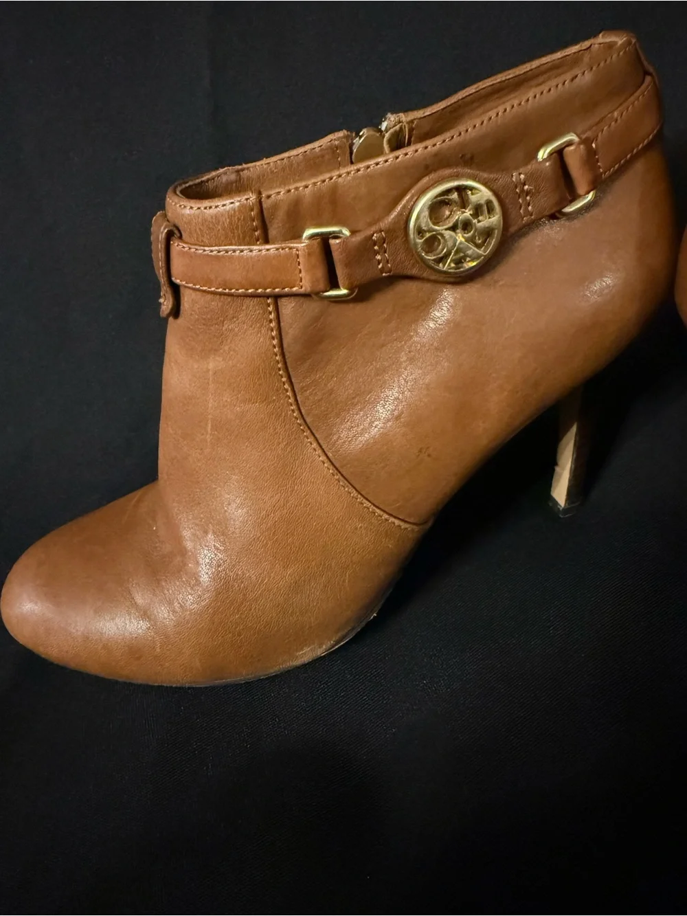 Coach Women's Tan Leather Ankle Boots with Gold Accent